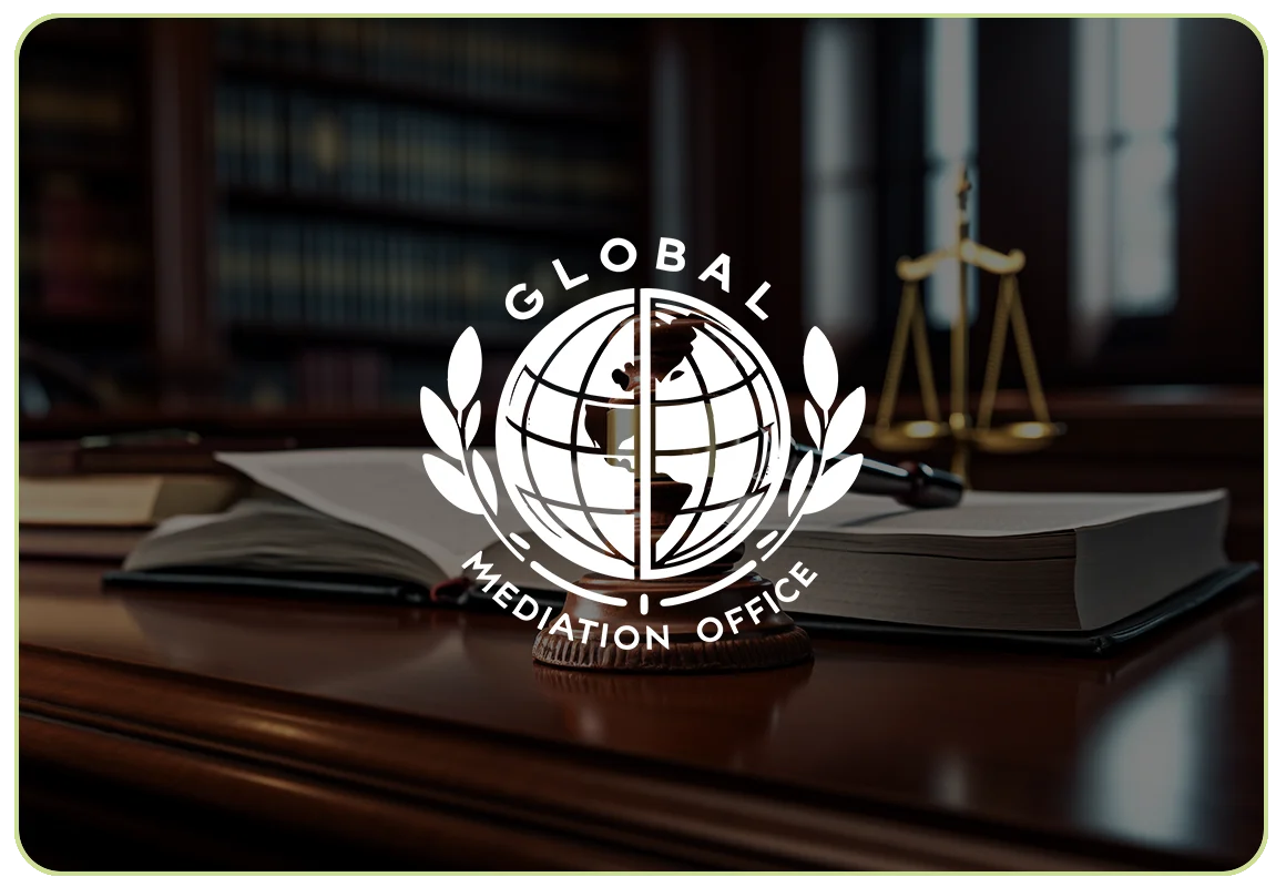 Global Mediation Office logo over a photograph of law books and scales on a desk
