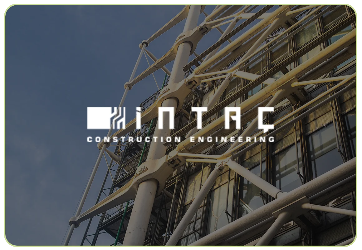 İntaç İnşaat logo over a photograph of a steel building frame
