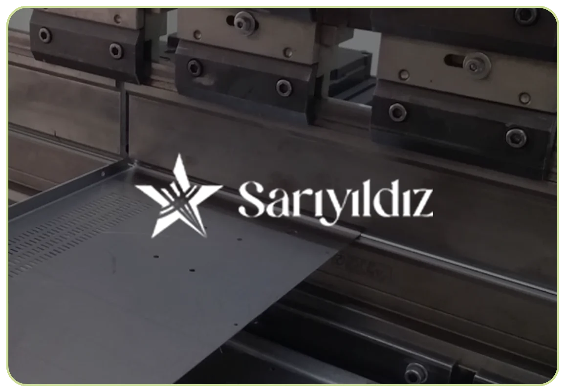 The Sarıyıldız Lazer logo over a photo of a press brake bending a sheet-metal panel