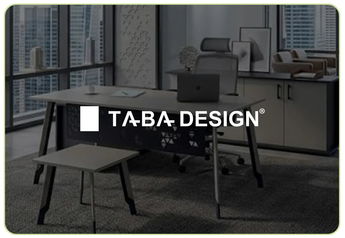 The Taba Design logo over a photo of an executive office with a desk, a mesh-back chair and a storage unit